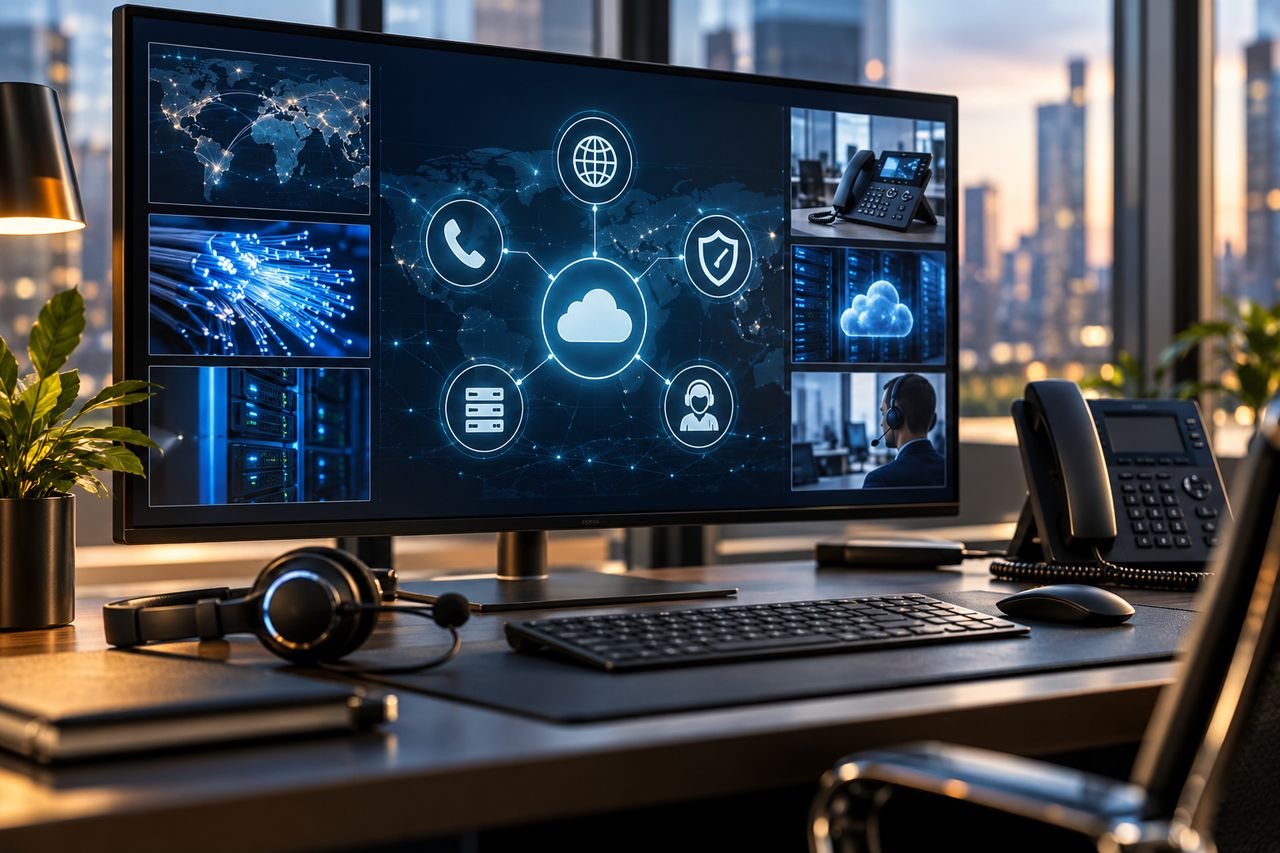 Werkplek met beeldscherm waarop telefonie, verbinding, beveiliging en cloud als één omgeving zijn verbonden, naast een vast toestel en een headset