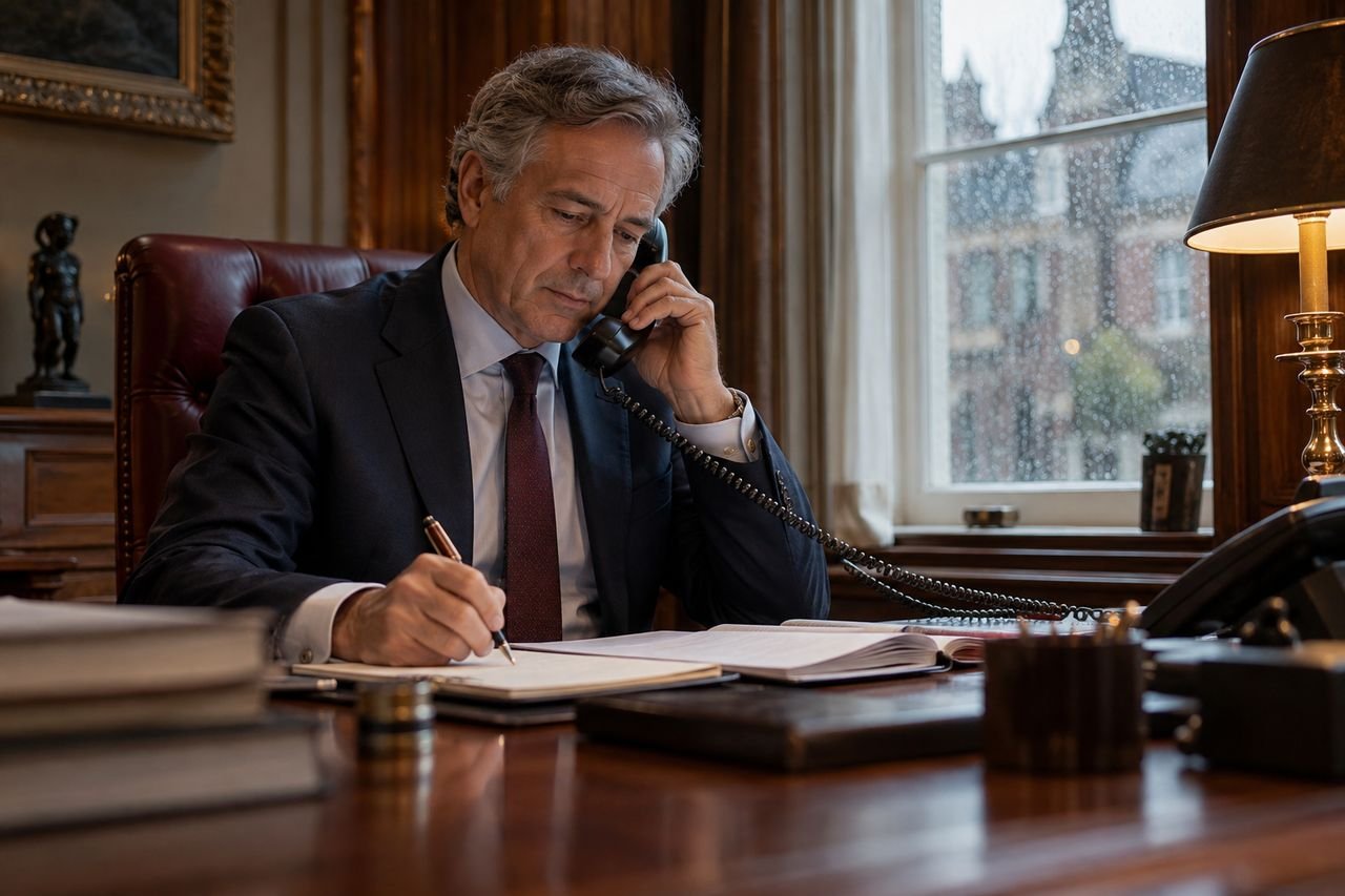 Ondernemer aan zijn bureau aan de telefoon, met pen en notitieboek, bij een raam met regen
