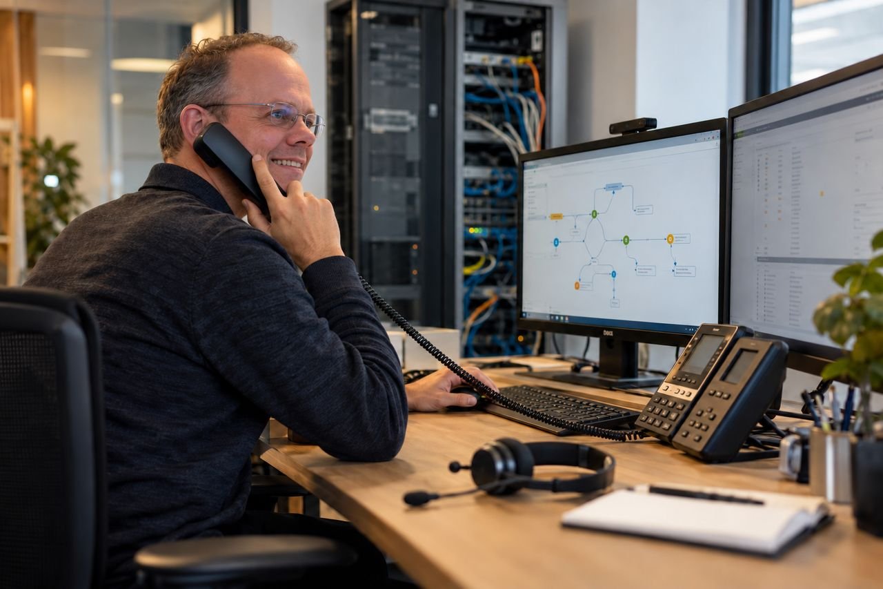 Medewerker aan de telefoon met een klant, met een belplan op het scherm en een serverkast op de achtergrond