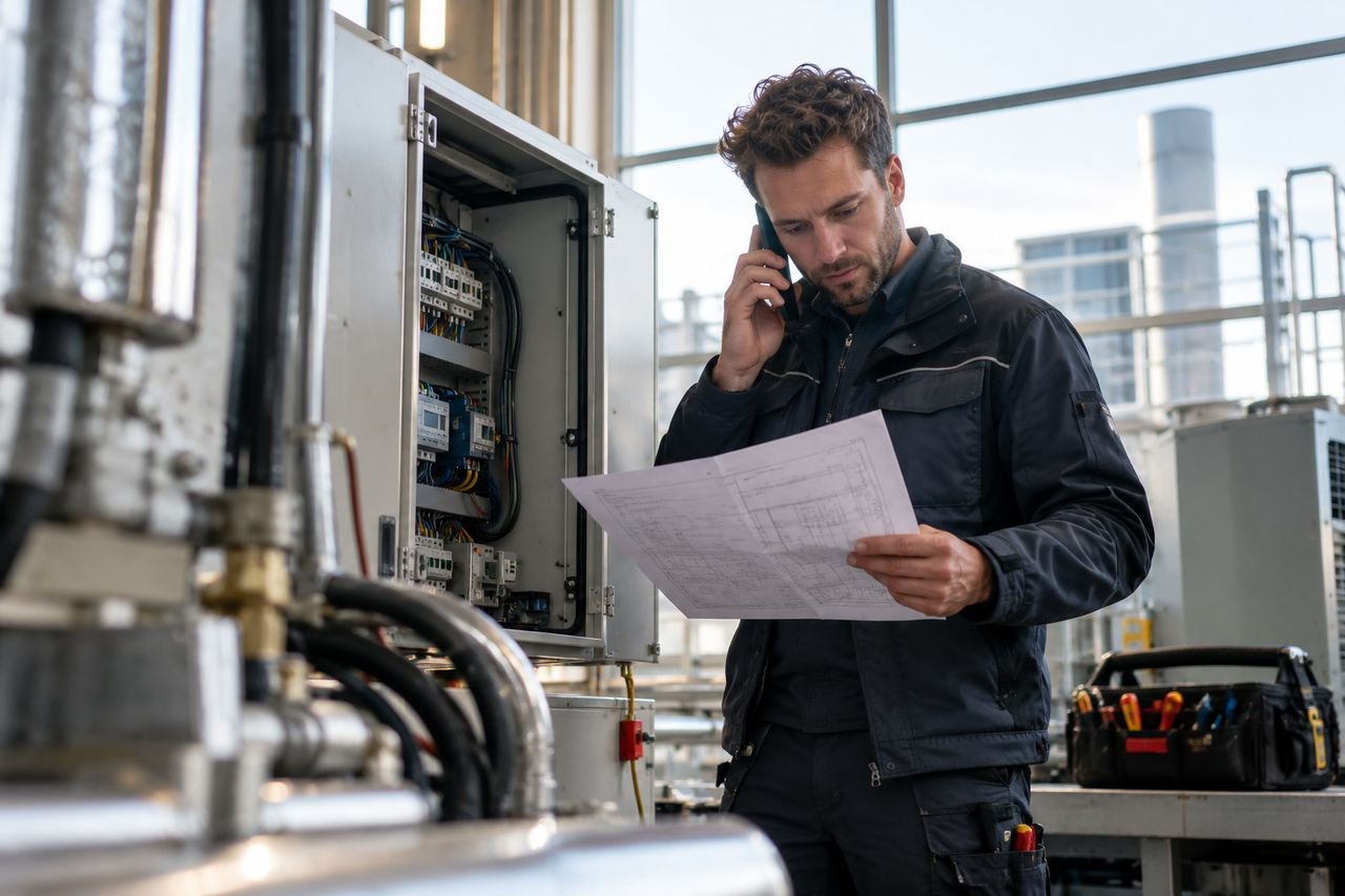 Monteur met telefoon en netwerktekening bij een geopende installatiekast