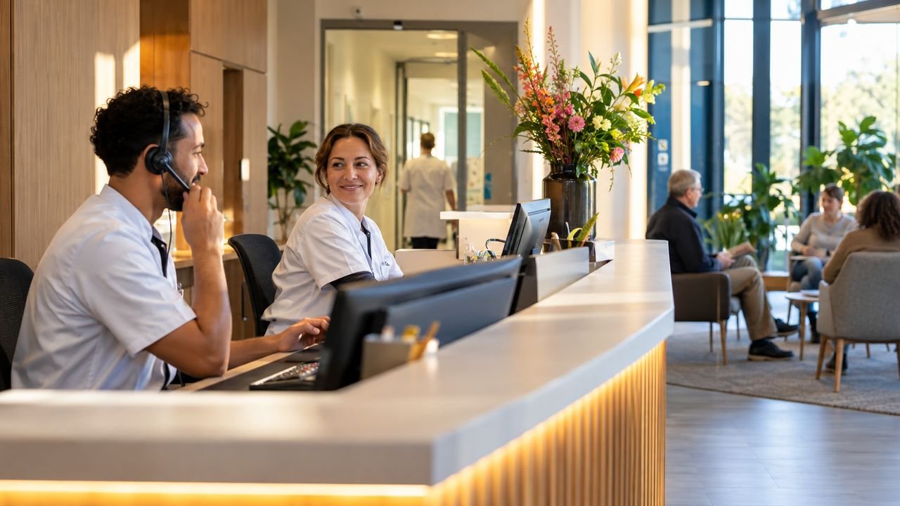 Twee baliemedewerkers in een praktijk, een van hen telefoneert met een headset; op de achtergrond de wachtruimte