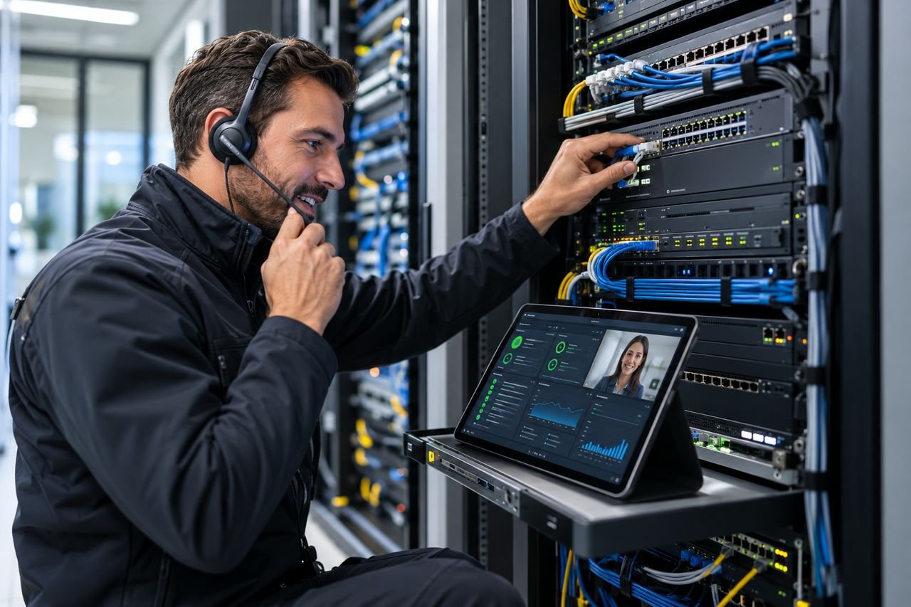 Technicus met headset aan het werk in een serverkast, met een tablet waarop de bewaking van telefonie en verbinding open staat