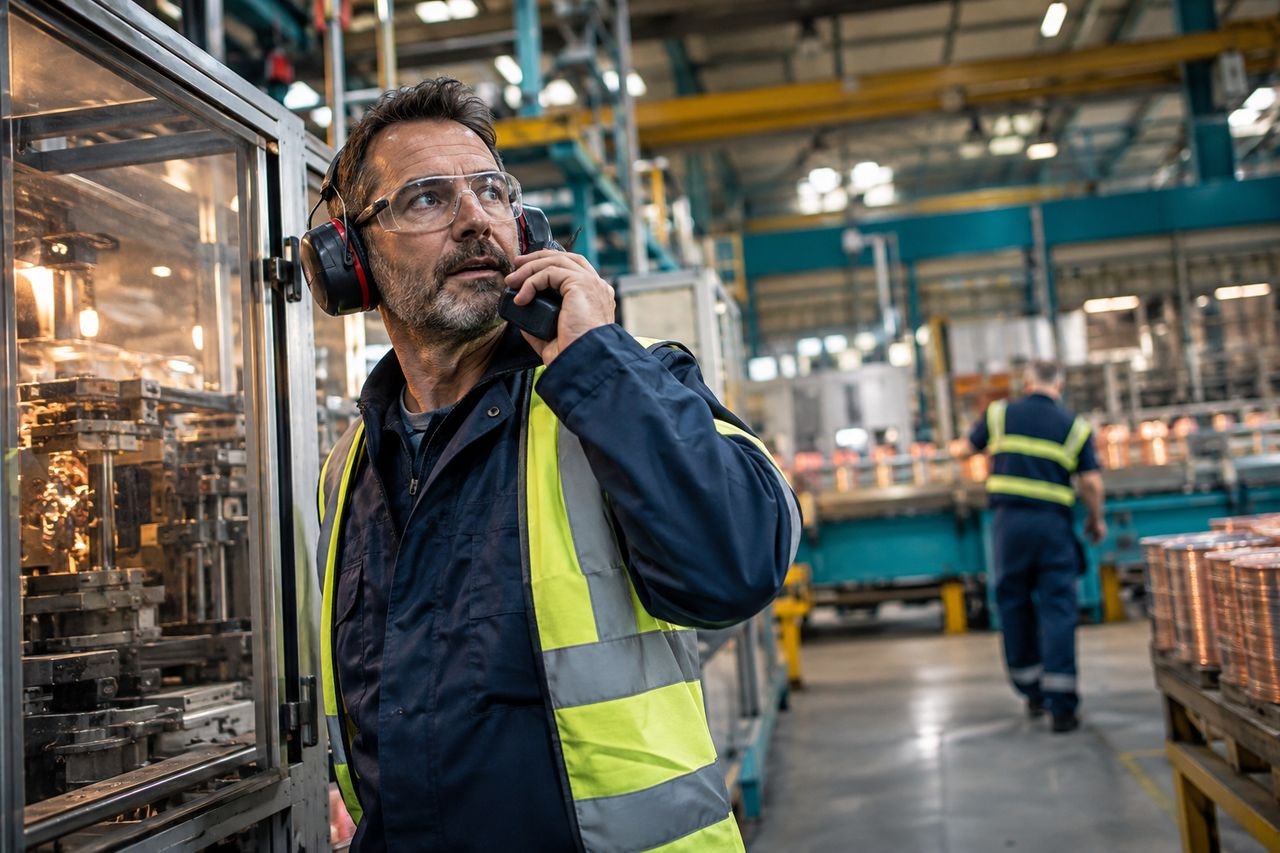 Technicus met gehoorbescherming en portofoon op een productievloer